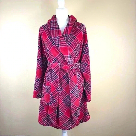 Victoria”s Secret Lipstick Red/Pink Plaid Fuzzy Soft Fleece Mini Robe Size M/L - Picture 2 of 13